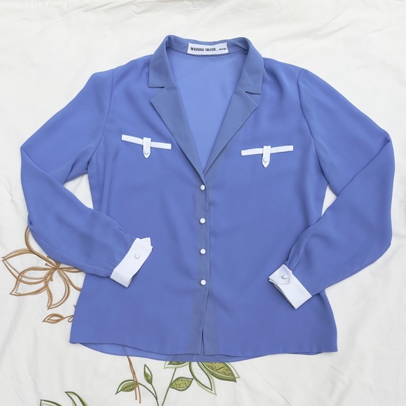 Vintage 70s Manning Silver Blue & White Long Sleeve Skirt Set - Picture 2 of 14